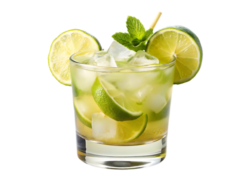 A glass of ice water with lime and mint leaves