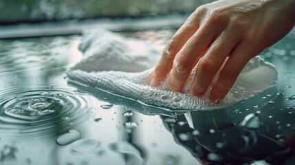 Intimate detail of a hand cleaning a glass surface indoors, cloth napkin in motion, focusing on the hygiene and clarity of the environment