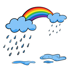 Obraz premium Rainbow with rain clouds and puddles in hand-drawn style, concept about a rainy season. Isolated vector illustration for print, digital and more design