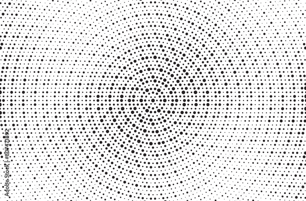 Poster Abstract radial halftone gradient background. Dotted concentric texture with fading effect. Black and white circle shade wallpaper. Monochrome dotted backdrop.