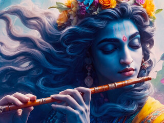 Closeup of Lord Krishna Playing His Flute, Blue God, AI Generative
