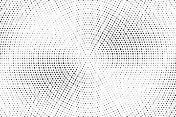 Abstract radial halftone gradient background. Dotted concentric texture with fading effect. Black and white circle shade wallpaper. Grunge rough vector. Monochrome dotted backdrop design element.