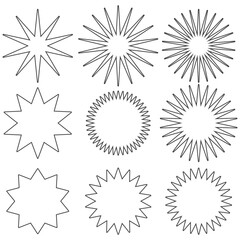 Starburst price sticker. Vector. Round burst star icon. Black circle shapes. Set sale tag badges. Sunburst callout label isolated on white background. Color illustration. Simple empty wave pricetag.