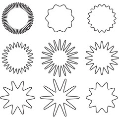 Sticker starburst shape, badge star, sale round vector icon, price circle, sun label, black tag isolated on white background. EPS 10.