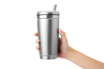 A hand holds a metal tumbler can isolated on a white background