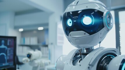 Heartwarming close-up of a robot ophthalmologist in an office, partially covering its eye while smiling at the camera, promoting eye health
