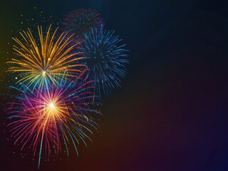 Fototapeta premium Colorful vibrant glittering fireworks Background with glow smoke and confetti banner ai generative