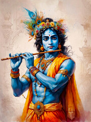 Illustration of Blue God Shree Krishna Holding His Flute, AI Generative 
