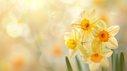 Close-up of yellow daffodils against a softly glowing bokeh background.