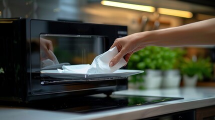 Focused close-up of a hand using a dry white napkin to clean a microwave oven door, in the context of a clean home kitchen