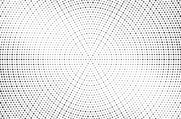 Abstract radial halftone gradient background. Dotted concentric texture with fading effect. Black and white circle shade wallpaper. Monochrome dotted backdrop.