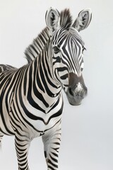 A zebra is standing in front of a white background