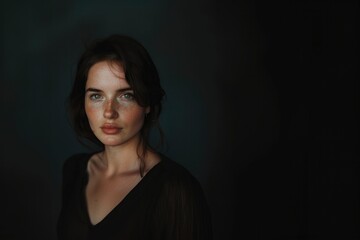 Fototapeta premium A woman with a pixie cut and blue eyes stands in front of a dark background