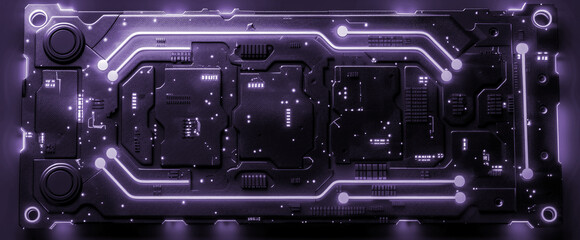 Close-up of computer cpu chip or motherboard  background. Technology electronic abstract 3d black horizontal banner.