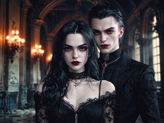 Illustration of a red eyed gothic vampire couple, AI Generative