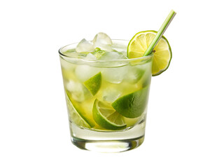 A glass of ice water with lime and mint leaves