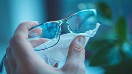Detailed view of a hand wiping eyeglasses with tissue, highlighting the clarity and protection from waterdrops or disinfectant