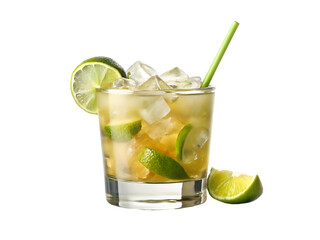 A glass of ice water with lime and mint leaves