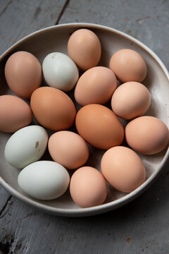 Fresh multi colored eggs in a bowl