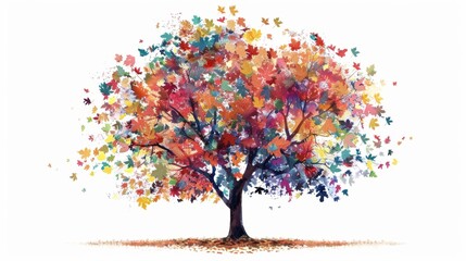 A tree depicted in an explosion of colorful leaves symbolizing autumn.