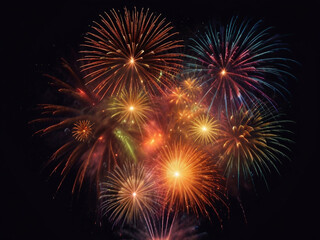 Naklejka premium Colorful vibrant glittering fireworks Background with glow smoke and confetti banner ai generative