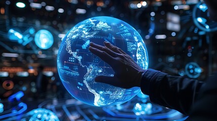 A businessman interacting with a holographic globe displaying real-time cyber threat hotspots across continents.