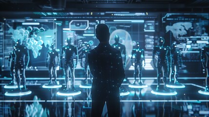 A businessman overseeing a team of AI agents scanning digital environments for potential security vulnerabilities.