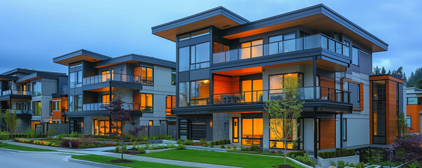 A modern residential complex illuminated by the warm glow of evening lights, showcasing sleek architecture and vibrant colors set against a twilight backdrop.