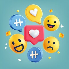 Trendy 3D icon set for social media, illustrations of online communication and digital marketing symbols, like button, speech bubble, notification bell, hashtag, and emoji. 3d Rendering