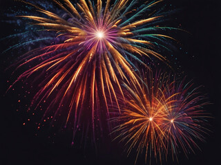 Colorful vibrant glittering fireworks Background with glow smoke and confetti banner ai generative