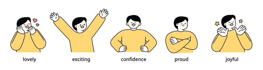 Boy upper body character expressing 5 different emotions - Set 2. Simple outline vector illustration.