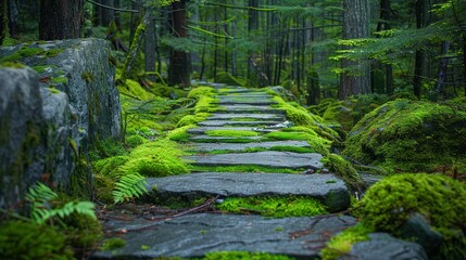 Immersing in the Serenity of a Moss-Carpeted Stone Path Traversing a Verdant Forest
