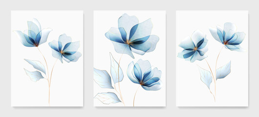 Art background with transparent blue flowers with golden elements in transparent style. Botanical floral poster set for design print, textile, wallpaper, interior design, wallpaper, invitations