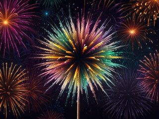 Fototapeta premium Colorful vibrant glittering fireworks Background with glow smoke and confetti banner ai generative