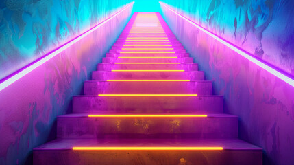  An artistic perspective of neon stairs, captured from below as they stretch upwards towards the light, their vivid hues blending harmoniously to create a mesmerizing display