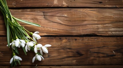 Elegant white snowdrop flowers over dark rustic wooden planks.