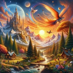 Naklejka premium Mythical Valley at Sunset