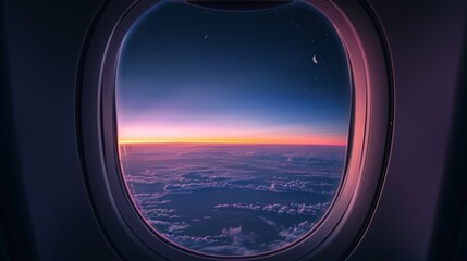 Naklejka premium Vibrant sunset colors seen through an airplane window over clouds.