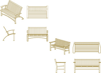 vector illustration sketch design drawing of park and cafe benches for sitting, classic vintage ethnic model