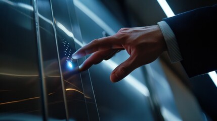 Obraz premium Detailed image of a forefinger hitting the button in a sleek passenger elevator, emphasis on touch and lighting