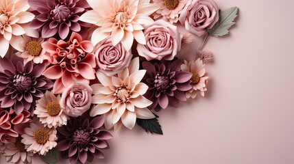 Obraz premium top view of beautiful flowers on pink background for valentine banner or poster