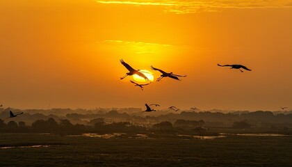 Obraz premium Serene Silhouette: Cranes Soaring Against a Majestic Sunset