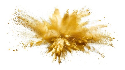 Vivid capture of a gold dust explosion against a white background.