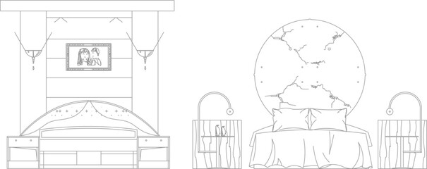 vector illustration sketch design drawing of classic old vintage modern ethnic traditional bedroom