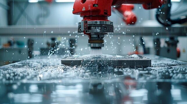 Close visual of a robot performing roof repairs using a pressure washer, focusing on the interaction of water and technology