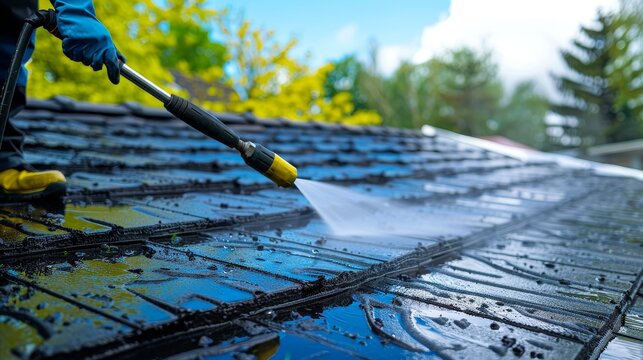 Close view of a roof repair service, featuring a worker cleaning shingles with a pressure washer, capturing the expertise and care