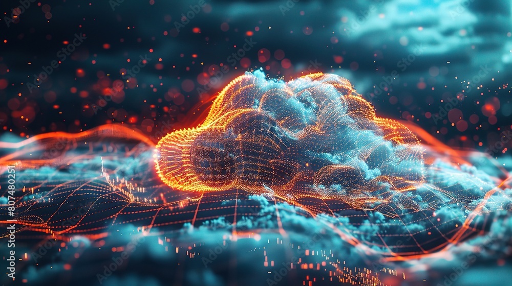 Poster cloud technology, with dynamic colors and digital elements illustrating the seamless integration
