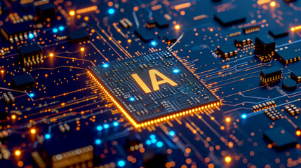 On top of a sophisticated chip, there is a hologram consisting of two letters "AI", Unreal Engine rendering, depth of field effect