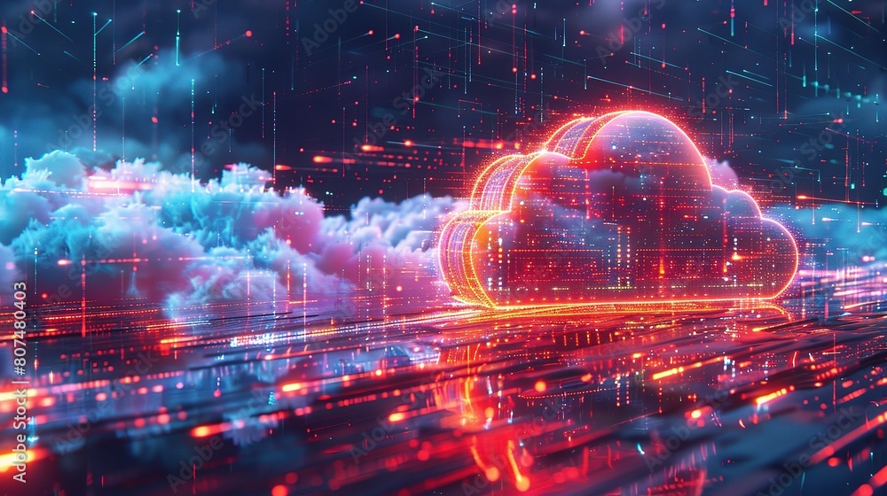 Poster cloud technology, with dynamic colors and digital elements illustrating the seamless integration