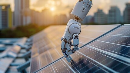 Close-up on a robotic hand tightening connections on solar panels, set against a rooftop background, emphasizing sustainability and tech